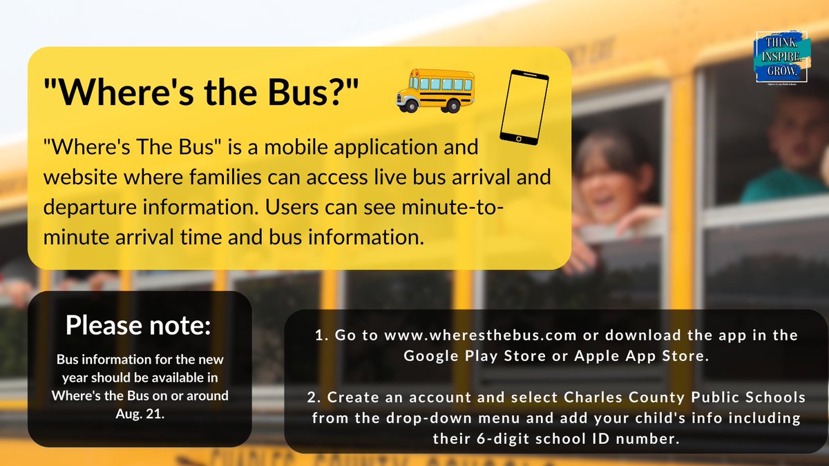 CCPS's tweet photo. CCPS is launching the Where’s The Bus platform for the 2023-2024 school year. Where’s The Bus uses GPS technology installed on school buses that allows parents/guardians to monitor their child’s school bus in real time.

For more info visit, https://t.co/qOdnpzbgEB. https://t.co/Bys7C6kNxL