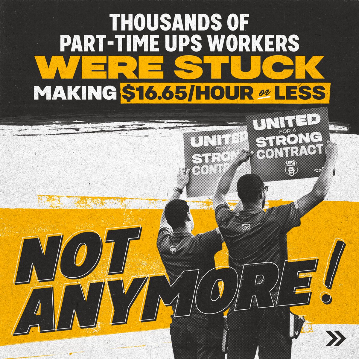 Teamsters's tweet photo. PUTTING AN END TO PART-TIME POVERTY

The new UPS #Teamsters tentative agreement means enormous gains for part-timers, finally putting an end to part-time poverty at UPS. #1u https://t.co/b7nSzNHLYM