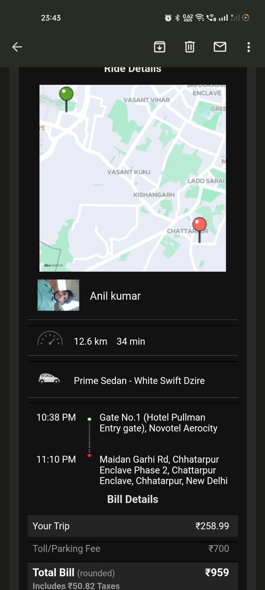 mnrajsingh's tweet image. Took a trip from in Delhi from Aerocity to Chhatarpur via Vasant Kunj. Seems like i have crossed all tolls in Delhi within the 12 kms and ₹ 700 for tolls have been deducted in the meanwhile  @Olacabs @ola_supports is saying they won't do anything about it. #help #OLA #olaapp