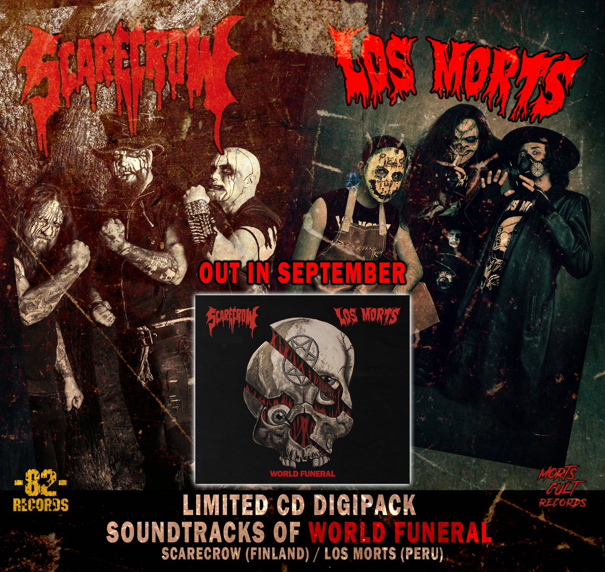 MortsCultRec's tweet photo. We officially announce the release of "WORLD FUNERAL" Split with SCARECROW &amp; Los Morts 
OUT IN SEPTEMBER - LIMITED CD DIGIPACK
Thru 82 Records (Finland) &amp; Morts Cult Records (Peru)
COMING SOON PRE-ORDER
LONG LIVE THE HORROR
#horrorpunk #losmorts #scarecrow #worldfuneral https://t.co/ikZDj9VM0h