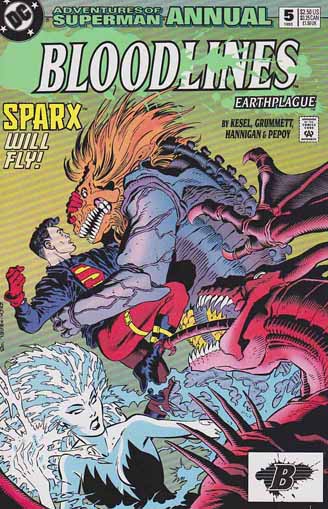 #ADVENTURESOFSUPERMAN ANNUAL #5 (1993) #KarlKesel & #MikeZeck Cover / #TomGrummett Pencils / Karl Kesel Story / 1st Appearance of Donna Carol Force as #Sparx BLOODLINES: EARTHPLAGUE PART 16 - BLOOD RELATIONS! The teenage Superman is electrified when Sparx makes her shocking