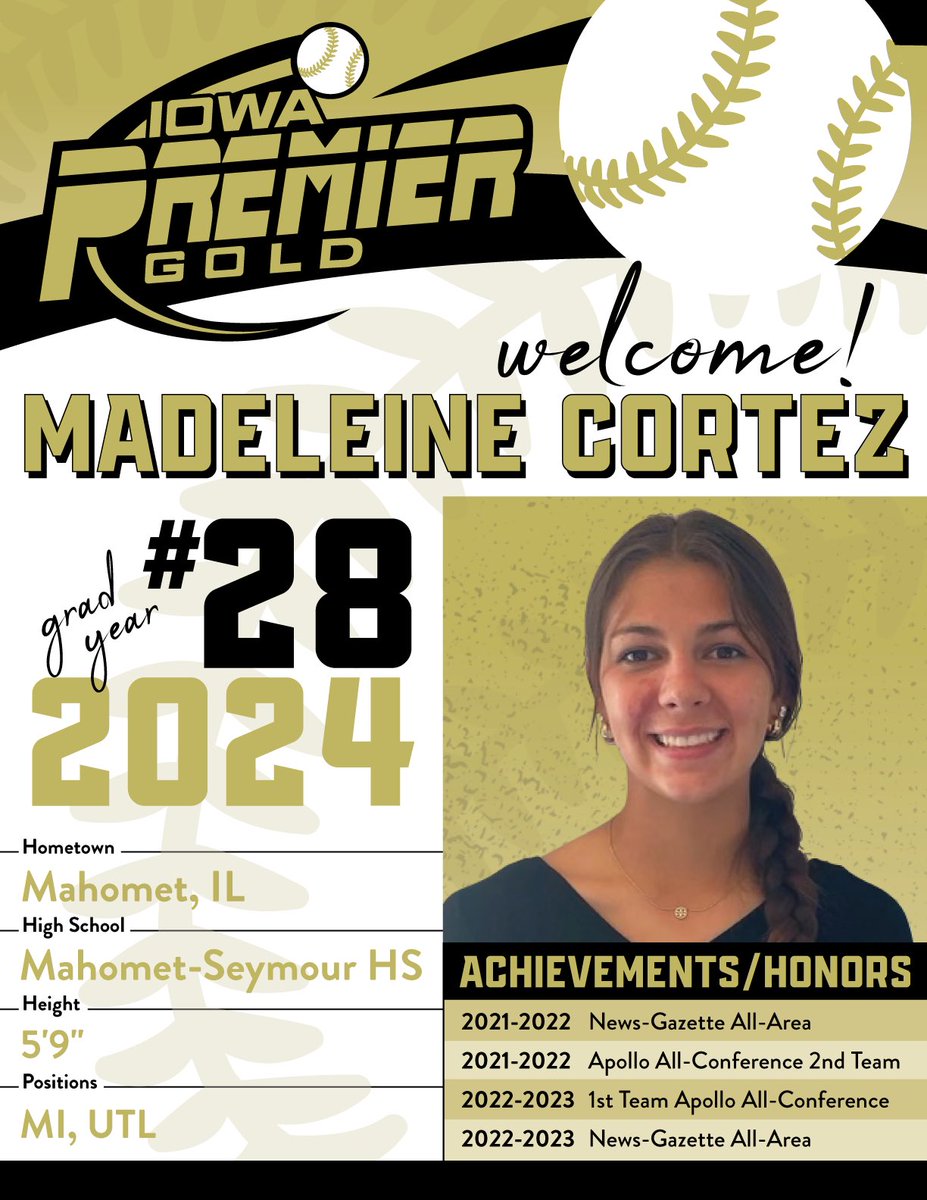 Super excited to welcome <a href="/MaddieCortez28/">Madeleine Cortez</a> to our team and family!! Maddie is an uber-athletic MI/UTL with speed, power and a cannon for an arm. Looking forward to an awesome fall!! #IPFLife #Reloading4TheFall
<a href="/IowaPremierFP/">Iowa Premier Fastpitch</a> <a href="/ExtraInningSB/">EXTRA INNING SOFTBALL</a> <a href="/HFLfastpitch/">Heart of America Fastpitch League | HFL</a> <a href="/thealliancefp/">The Alliance Fastpitch</a>