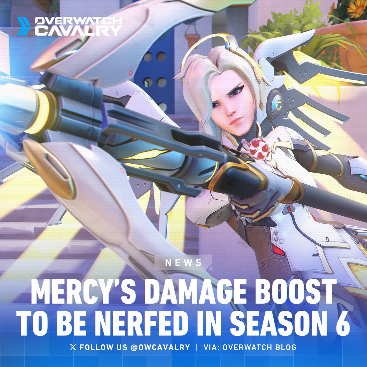 Mercy is set to receive a Damage Boost nerf in #Overwatch2 💉

They will be reducing damage amplified from 30% to 25%, at this value the team believe the ability will still feel effective while reducing certain damage spikes.

Do you think this is a fair change to make? 🗳️