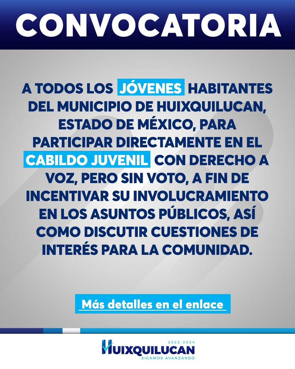 RominaCDV's tweet photo. Jóvenes de Huixquilican ésta es su oportunidad para manifestar sus inquietudes, sugerencias o propuestas ante los integrantes del Ayuntamiento. ¡Queremos escucharlos! En el siguiente link, les dejo la convocatoria para participar en el próximo Cabildo Juvenil: 
https://t.co/QHP2s5ed6a