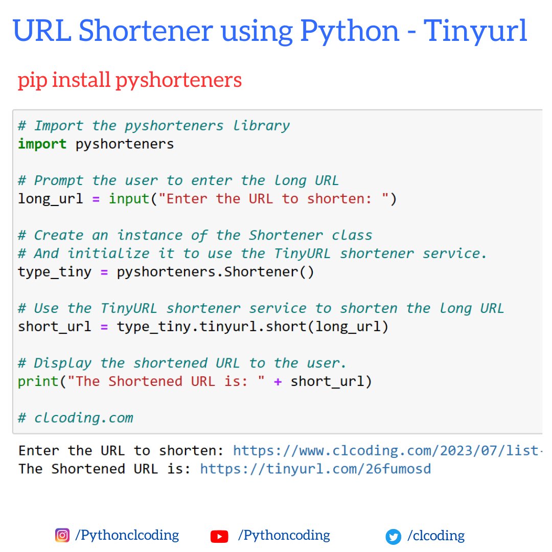 clcoding's tweet image. Day 164 : URL Shortener using Python  - Tinyurl youtu.be/g-aX5lCfxBo
