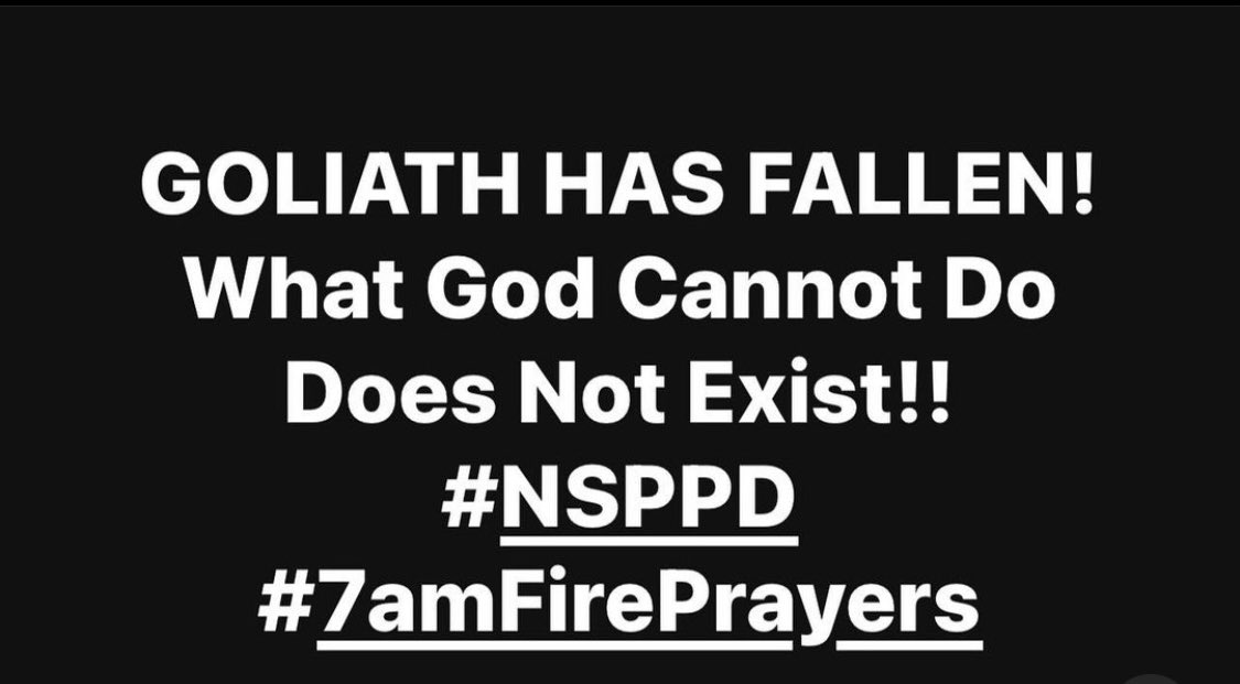 KumaAngel_Y's tweet photo. Goliath has fallen!!!

What God cannot do does not exist!!!
#7amFirePrayers #NSPPD https://t.co/PtVAl9dCst