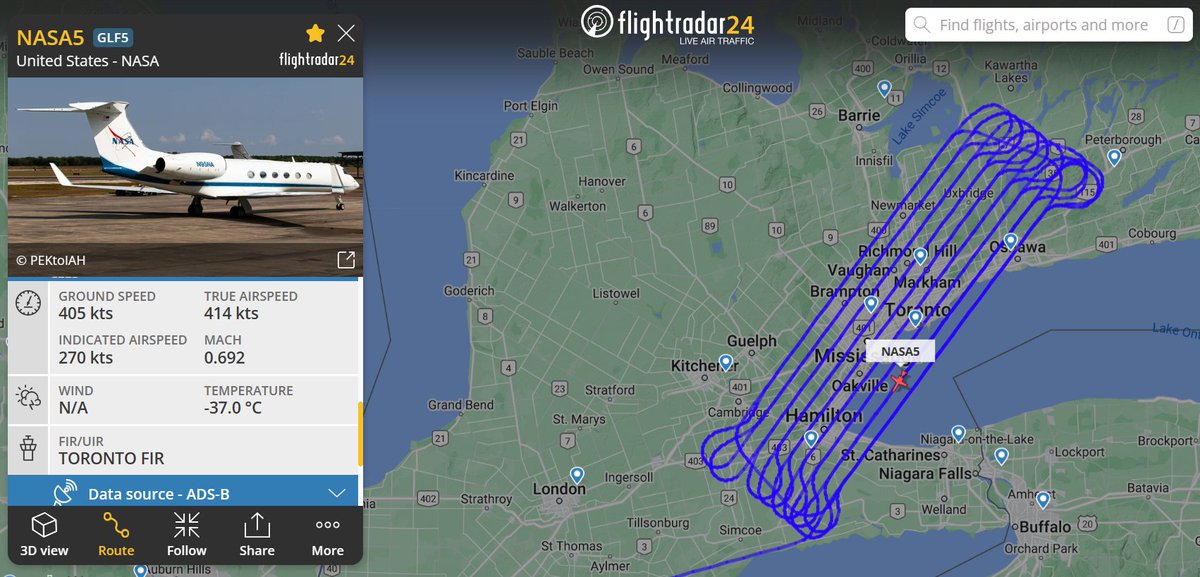 PTBOtweets's tweet photo. A @NASA Gulfstream Jet (callsign: NASA5) from Dayton, Ohio flying in a grid pattern over Ontario, Canada. 

Track it live at: 
https://t.co/iXSt4AXrX4
 
 #PTBOTWEETS https://t.co/2WSRmUA1EE