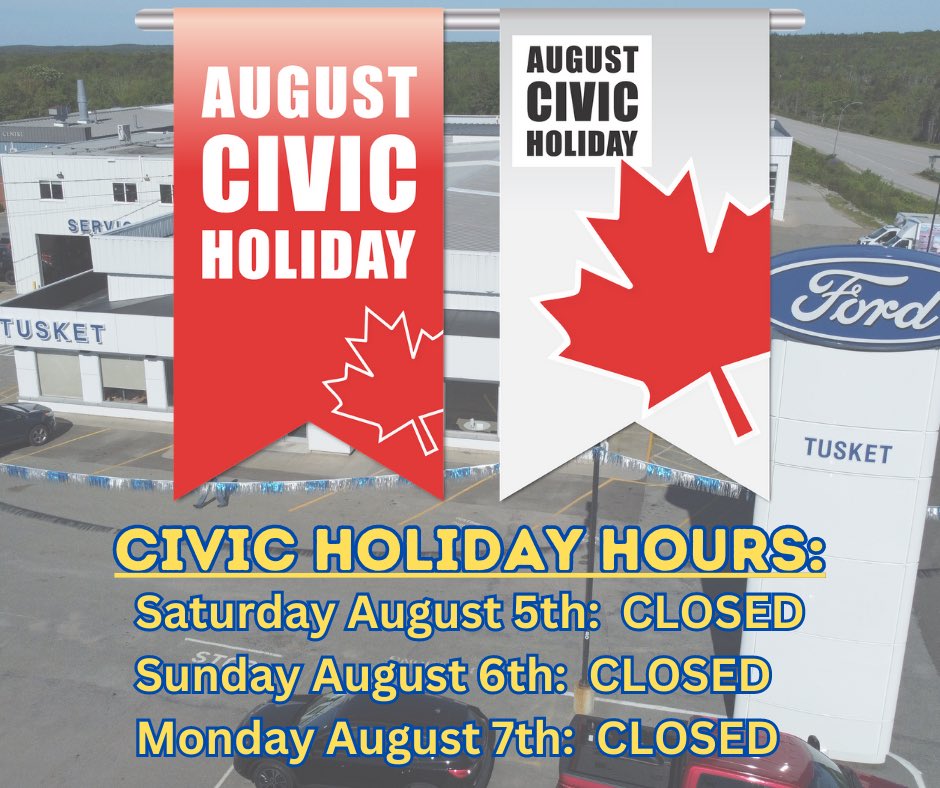 Have a safe and wonderful Civic holiday weekend! 
We will be closing Saturday, Sunday and Monday but our towing service is available 24/7 at 902-648-7740.
#CivicHoliday