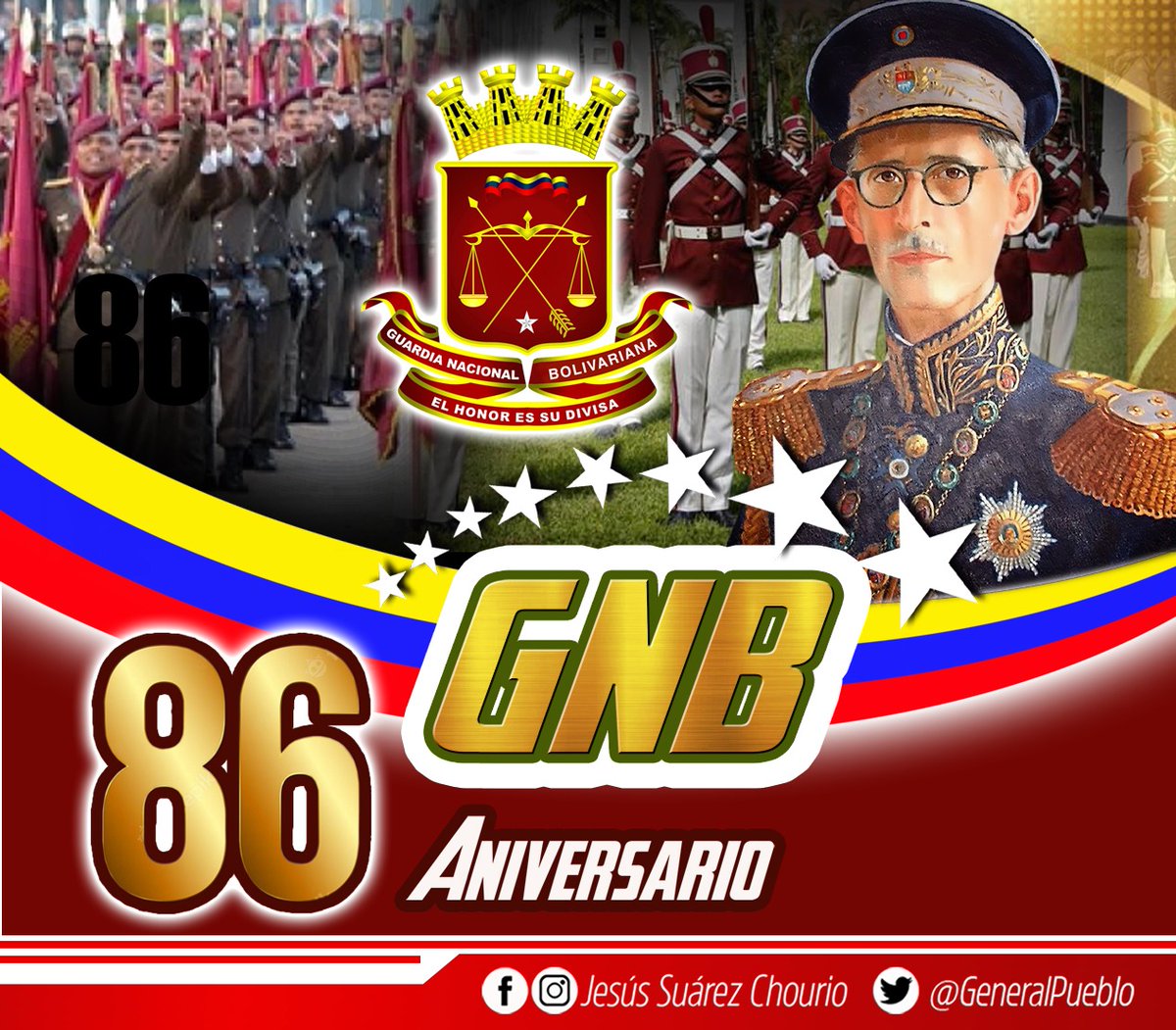 🇻🇪Felicito a la honorable Guardia Nacional Bolivariana por cumplirse 86 años de su creación. Hombres y mujeres que asumen con gran compromiso y patriotismo la noble labor del cuido y resguardo de esta gran nación. ¡Guardia de la Patria, el honor es su divisa!.