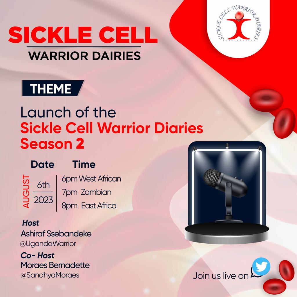UgandaWarrior's tweet photo. Join us this Sunday at 5pm EAT/ 4pm Zambian Time/ 3pm WAT on the official launch of Sickle Cell Warrior Dairies Season 2
 https://t.co/Skpz5yDceF
@SandhyaMoraes @bint_mfalme @lwimbaa @MwitaEmmy https://t.co/i9NVOk9kKb