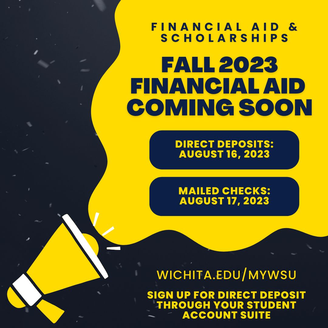shockerfinaid's tweet photo. If you have excess financial aid after your tuition and fees are paid, be on the lookout for your refund! Direct deposits begin August 16th, and paper checks will be mailed August 17th. Sign up for direct deposit now through your Student Account Suite on https://t.co/7DMVeoBuXw. https://t.co/NMrte7Imbe