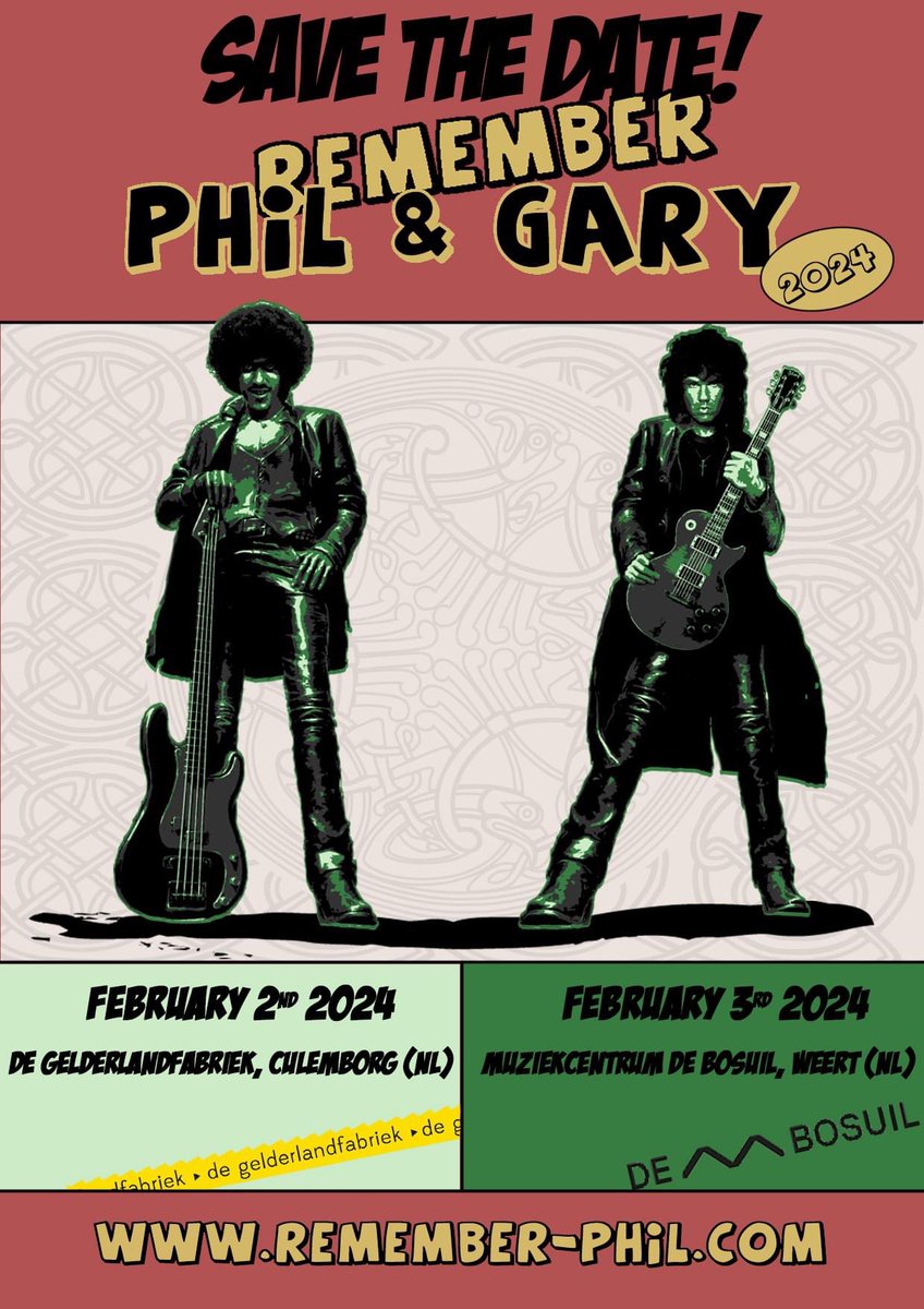 We are so glad we can announce the dates for the next Remember Phil &amp; Gary  editions at De Gelderlandfabriek (Culemborg NL) and De Bosuil (Weert NL)

More info about tickets, artwork, bands, hotels etc. will follow asap.

~Please share!!!~