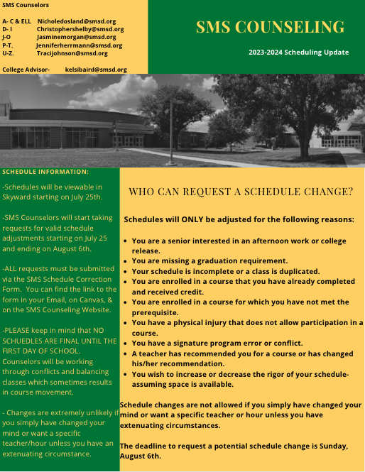 The last day to request a schedule adjustment is this Sunday, Aug 6th. All requests must be submitted via the Schedule Adjustment form. @SMSouthTDain