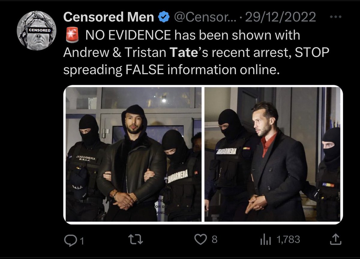 CensoredMen's tweet photo. It’s funny how in December 2022 I said there was no evidence against Andrew Tate (@Cobratate) &amp; Tristan Tate (@TateTheTalisman),

And now, in August 2023, there is still no evidence against the brothers.

8 months and counting.

All 4 deserved to be exonerated from the start. https://t.co/MfkbElBXjM