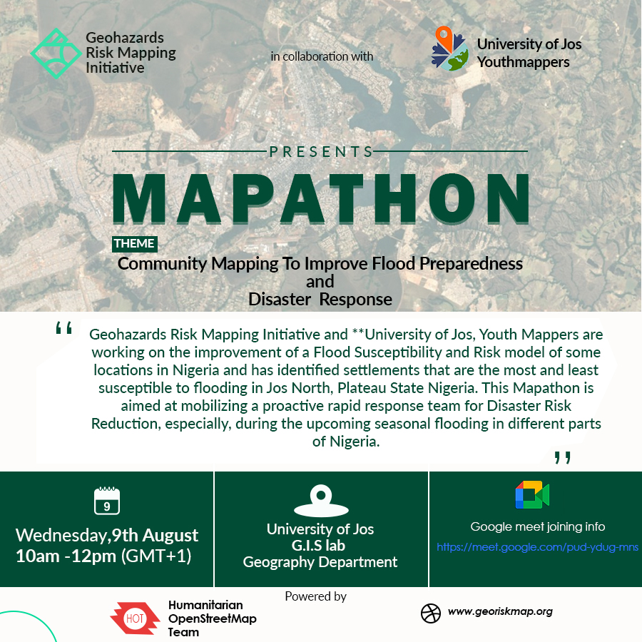 Join us for COMMUNITY MAPPING TO IMPROVE FLOOD PREPAREDNESS.

Let's work together to enhance resilience against floods 🌊. 

Date: August 9, 10:00 AM at the GIS Lab, University of Jos. 

Be part of the change! 

Register: eventbrite.com/e/community-ma… 

#CommunityMapping