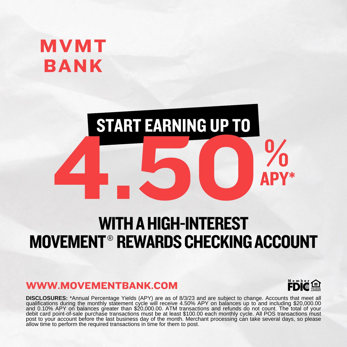 MovementBank's tweet image. Are you looking for a #checking account that gives back? Our high-interest Movement Rewards Checking Account does just that. Sign up today with as little as $100 at movementbank.com. 

#RewardsChecking #HighInterestChecking  #MovementBank