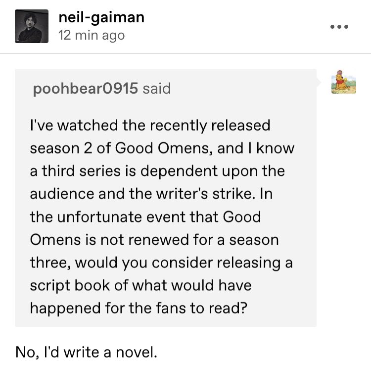 GoodOmensNews_'s tweet photo. If season 3 can’t happen as a TV show, Neil would write a novel. 

#GoodOmens #GoodOmens2 #GoodOmens3

🔗: https://t.co/cZQpJ4PWZT https://t.co/5JvYOwfEb7