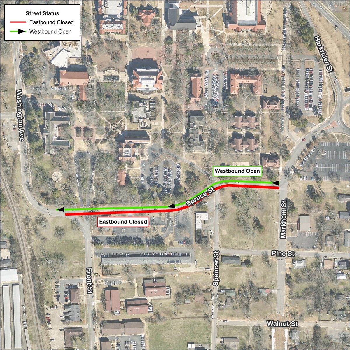 CityofConway's tweet photo. 🚧 The eastbound lane of Spruce St will be closed from Washington Ave to Markham St starting Monday, August 7. #MarkhamSt https://t.co/LHplfxrjrt