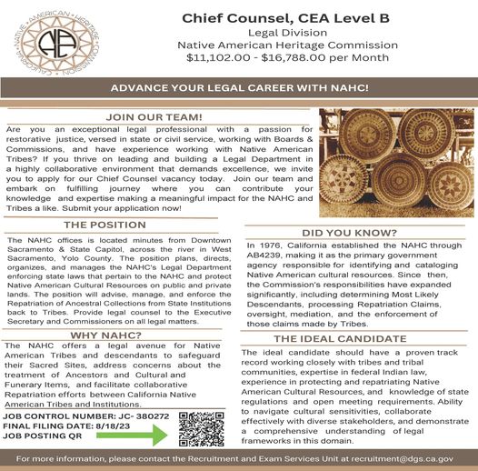 CA_NAHC's tweet photo. Interested in joining our team as Chief Counsel? Applications are open here until Friday, August 18, 2023: https://t.co/ykdUvhXzVx
Submit an application today!
#nahc #crm #culturalresourcemanagement #crmlaw #triballaw #triballawyer #nativeamerican #indigenous #native https://t.co/OU1plGC9Pc