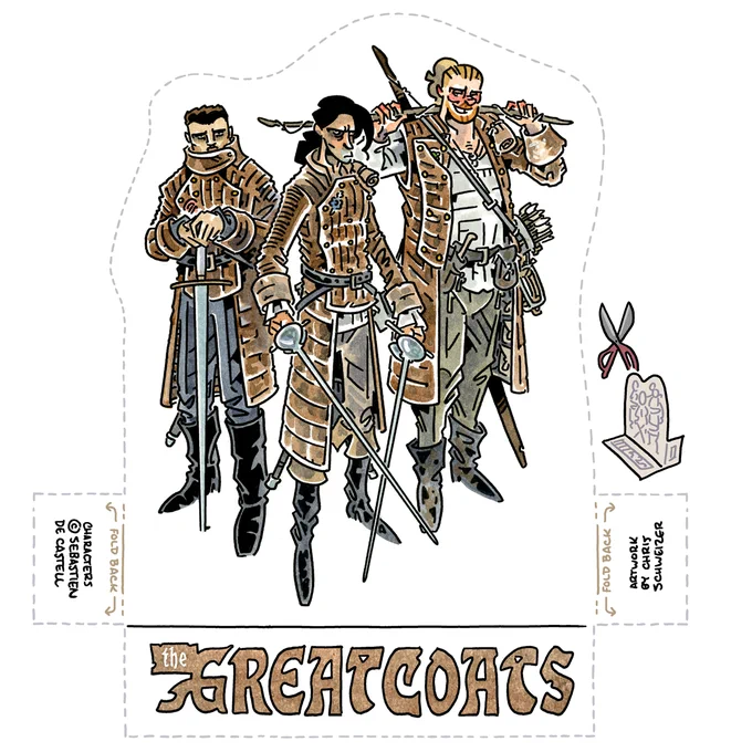 Hey, friends! I'm a big fan of Sebastien De Castell's swashbuckling GREATCOATS series, so for this month's paper figure set I drew its trio of dueling magistrates: Kest, Falcio, and Brasti. Download for free, print & cut it out, put it next to your copies: 