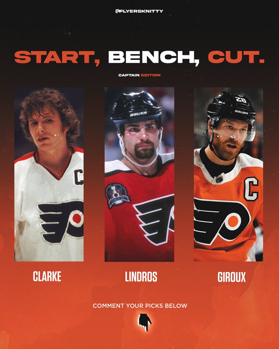FlyersKnitty's tweet photo. Start, Bench, Cut. 

Philadelphia Flyer Captain Edition.

Who you taking?

🎨: @DylanRobillard_ 
#Flyers #FueledByPhilly https://t.co/1zYfnl72v5