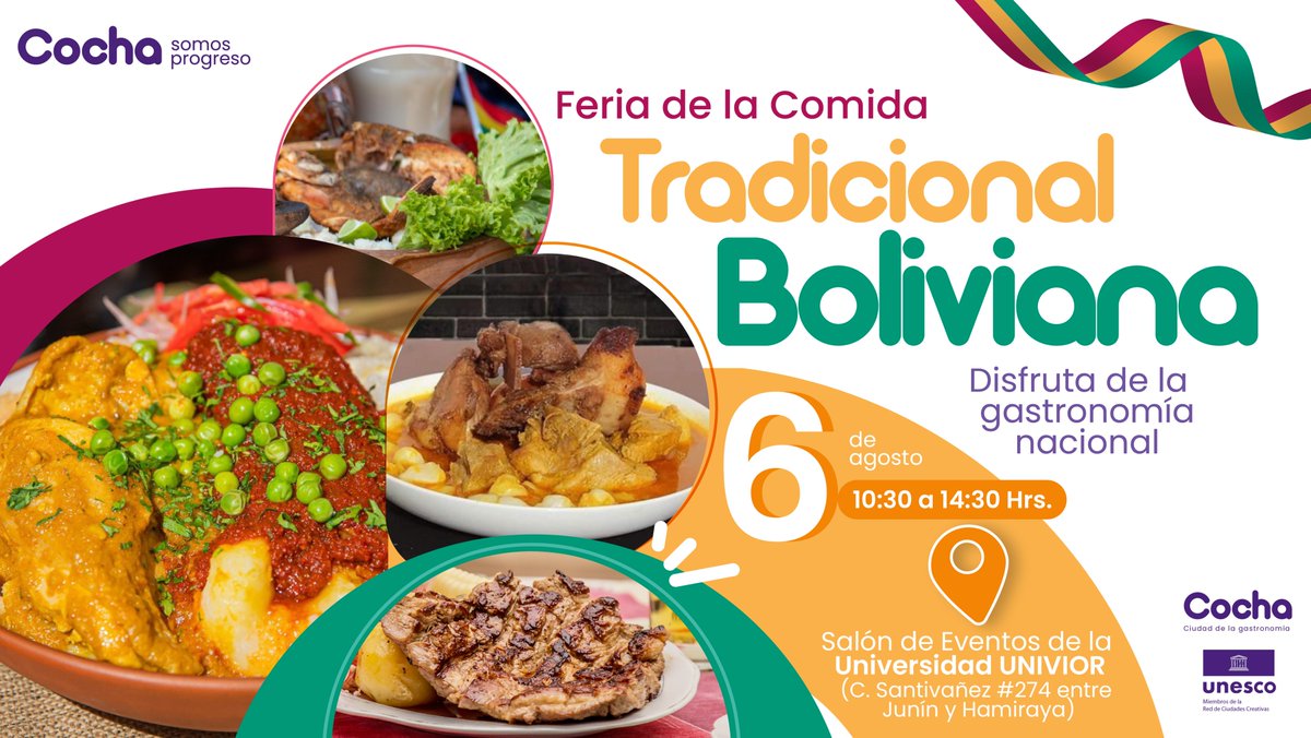 gam_cochabamba's tweet photo. La mejor forma de celebrar el Aniversario de Bolivia es degustando una variedad de platos tradicionales. 🥗🥘Participa en la Feria de la Comida Tradicional Boliviana,🇧🇴 organizada por el Mestre Chef. Jose Maria Antezana S. y alumnos de la #Univior. 👨🍳👩🏽🍳 #CochaSomosProgreso https://t.co/R5gxIdtlFk