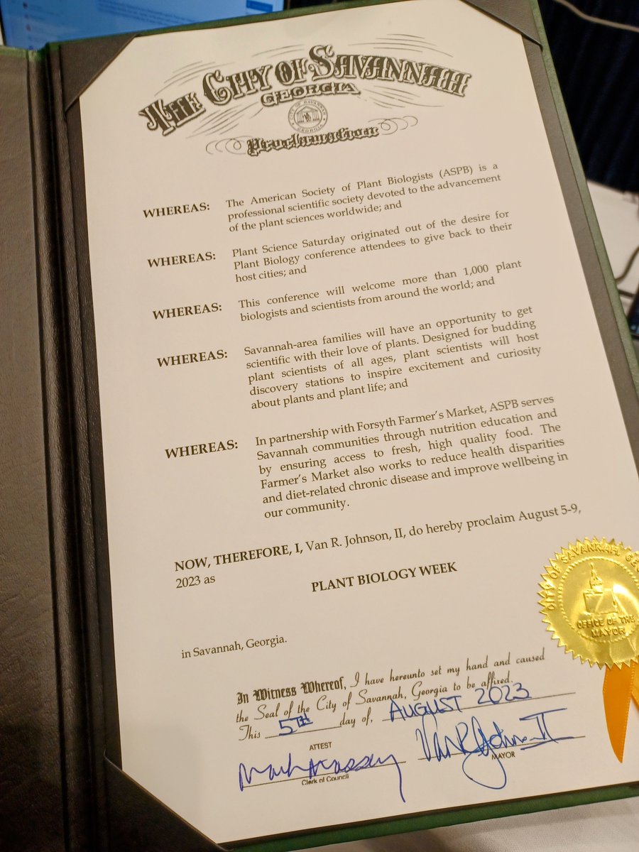 ASPB's tweet photo. It's official! @MayorJohnsonSAV has declared Aug 5-9 2023 Plant Biology Week in Savannah in honor of #PlantBio2023 and #PlantScienceSaturday. https://t.co/FyrFooZJ1b