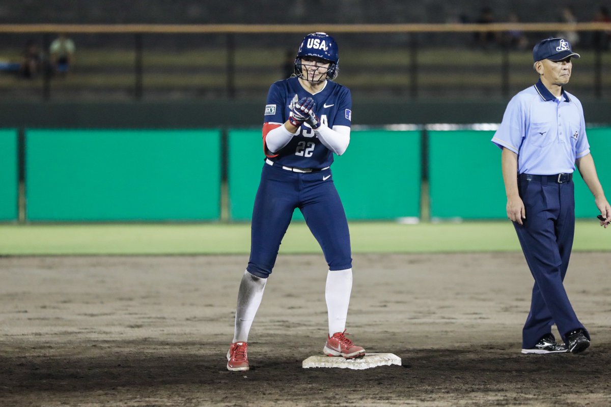 MizzouSoftball's tweet photo. What a debut for @alex_honnold22 ‼️

Honnold posted two hits including an RBI double as @USASoftballWNT 🇺🇸 outlasted Japan, 12-11, in extra innings Friday!!

Team USA continues the series Sunday at 2 p.m., JST / 12 a.m., CT in Fukushima, Japan.

📸@USASoftball 

#OwnIt #MIZ 🐯🥎 https://t.co/RCJWyPVCFB