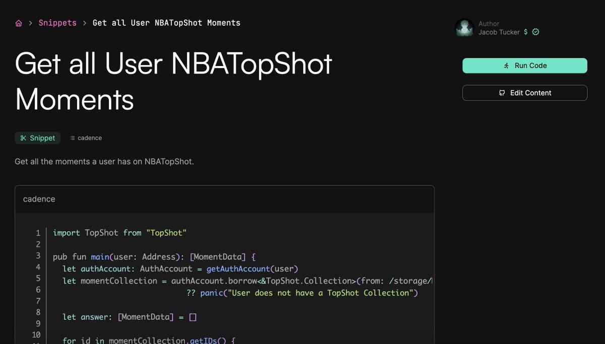 I want to make it easy for non-technical @NBATopShot fans to interact directly with the @flow_blockchain. Here is a piece of code you can use that fetches all the moments a user has in their collection: academy.ecdao.org/en/snippets/nb… You can click 'Run Code' to test it out instantly!