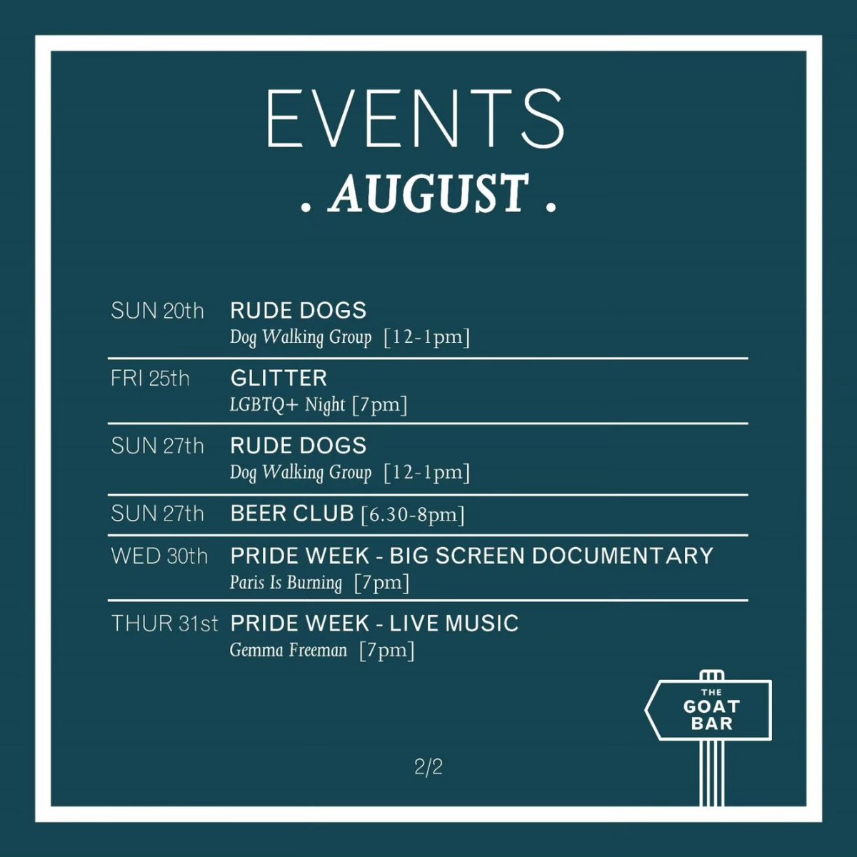 AUGUST Events!!! 🧀🍻🎧🎲🌈🐶

Our events program for August is looking jam packed!!! 😎 So many awesome things going on at the Goat 🐐

#augustevents #gamesnight #bandnight #dogwalkingclub #lgbtq+night #documentarynight #beerclub #community #unionst #goatbar #rdguk