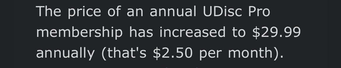 FDG_Hunter_T's tweet photo. UDisc is by far the best app out there right now, but with price changes like this the door is open for a competitor to take some serious market share with a decent app and a $5 annual plan like the good ol’ days https://t.co/6Ph4CPMKxD