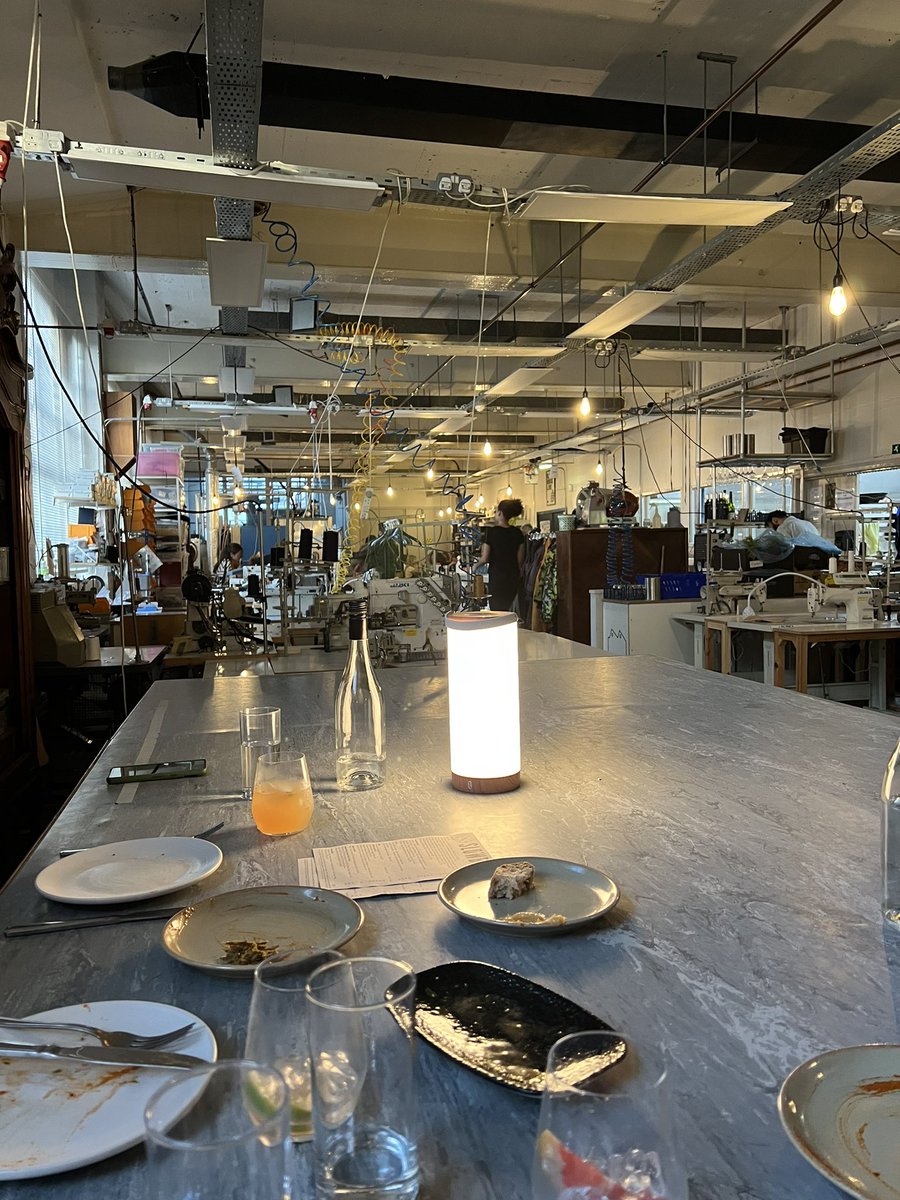 Friday night and eating in a denim factory in Walthamstow