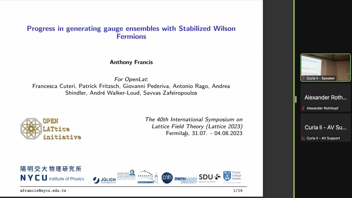 rothkopfAK's tweet image. On the final day of @Fermilab #Lattice2023 Anthony Francis (@NYCU_official) presented latest updates from the #OpenLat #latticeQCD collaboration, which generates open access ensembles with stabilised Wilson fermions. Great initiative with (@fz_juelich @goetheuni @CNRS @tcddublin)