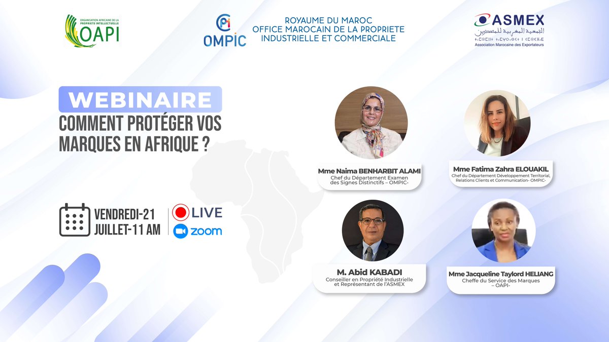 OAPI_TWIT's tweet image. Les avantages des systèmes de protection de L’OAPI, de l’#OMPIC et du système international ainsi que l’expertise en exportation de l’#ASMEX, pour la promotion des marques marocaines en Afrique en faveur des entreprises, ont été présentés lors du webinaire organisé le 21/07/2023