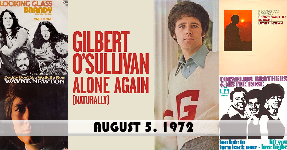 ChartsArchive's tweet image. Top songs on this day in 1972:
1. "Alone Again (Naturally)" by #GilbertOSullivan
2. "Brandy" by #LookingGlass
3. "I Don't Want To Be Right" by #LutherIngram
4. "Daddy Don't You Walk So Fast" by #WayneNewton
5. "Too Late To Turn Back Now" by Cornelius Brothers &amp;amp; Sister Rose