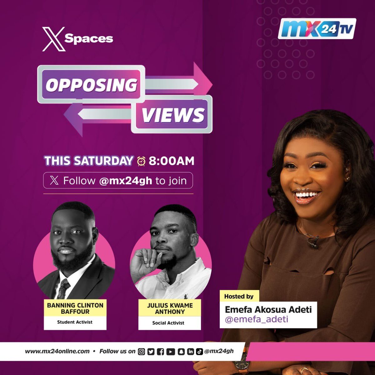 BaffourClint's tweet photo. @mx24gh 

Saturday 8:00am🙏🇬🇭
An intellectual discussion on national issues. 

#OpposingViews https://t.co/2R4WPnWu43