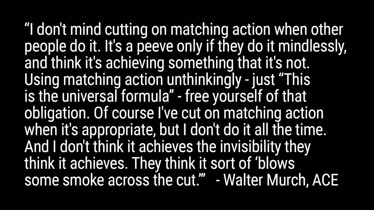 SteveHullfish's tweet photo. I'm working on Volume 2 of Art of the Cut... so much awesome stuff in here. I asked Walter Murch, ACE about pet peeves in editing. One of his was cutting on matching action.
This is from the "Miscellaneous Wisdom" chapter.
What do YOU think?
@ACEFilmEditors https://t.co/7Y5oayFPnD