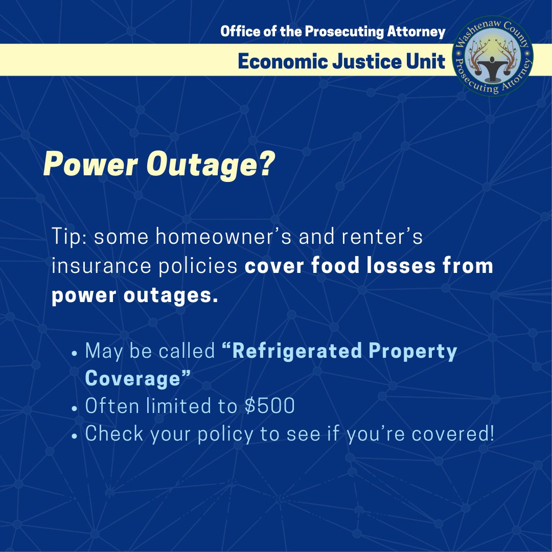 Folks should be aware that homeowner's and renter's insurance will often cover food losses related to power outages. Check your policy to see if you're covered!
