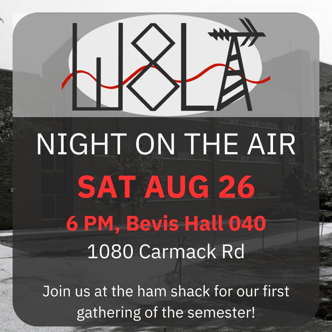 We're having a "Night on the Air" on Sat 8/26 at 6 PM at the Club Hamshack!

If you are a #student or #alumni you are invited!

Email K8VSY@pm.me to RSVP

#columbus #ohio #hamradio #amateurradio #OhioState #OSU #radio #hamr #semester #ohiostateuniversity #ohiostatefair