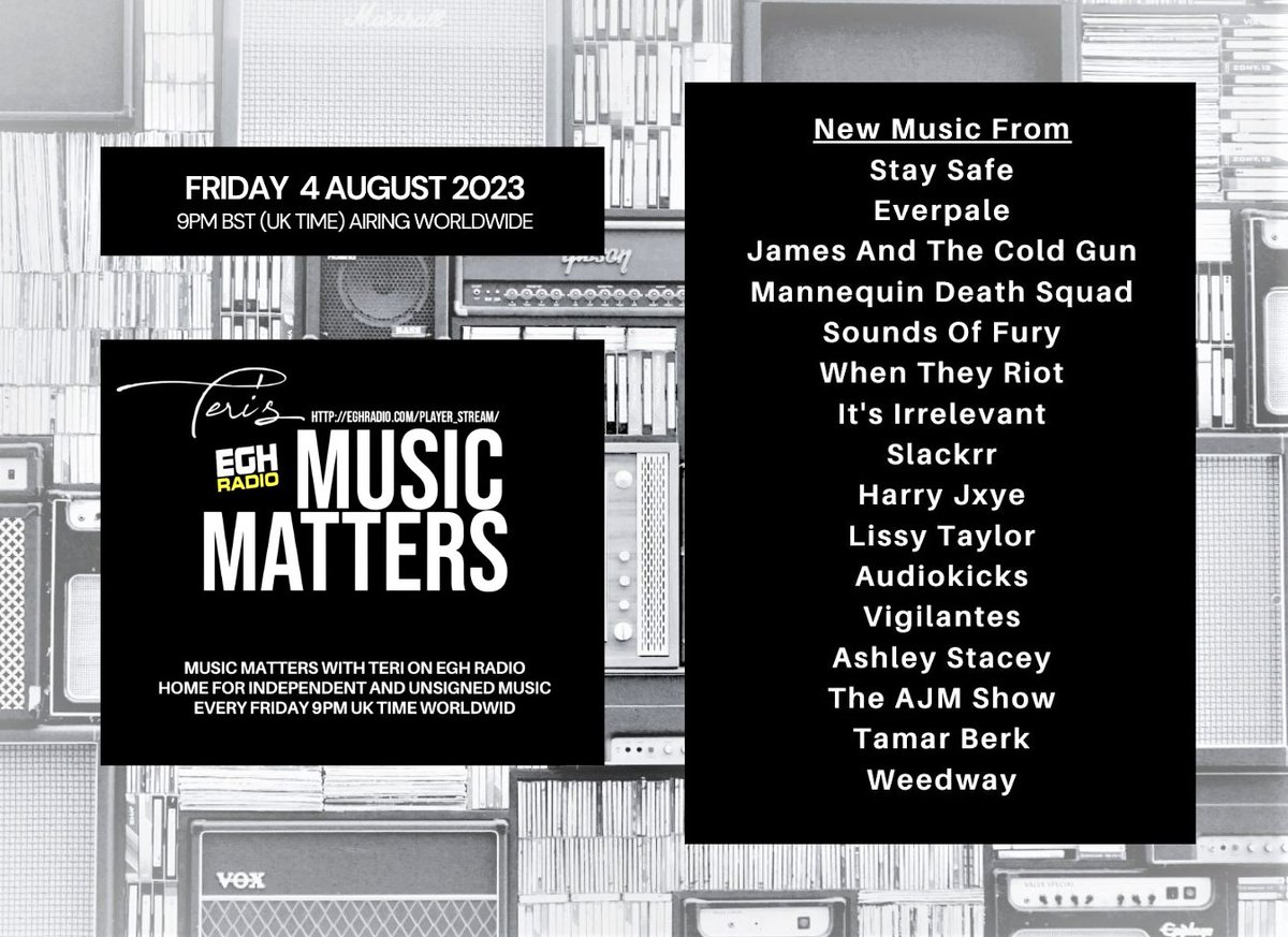 MusicMatters_T's tweet photo. Today 9pmUK #worldwide #TuneIn
@EGHRadio #MusicMatters
🔊https://t.co/c1HlnbL7wB
Listen to the great new music from-
#StaySafe @EVERPALEUK @andthecoldgun_ @MannequinDsquad @JoeRoge04652433 @whentheyriot #ItsIrrelevant @Slackrr_ +more
ℹ️ https://t.co/fpiQuGpfk3
#NewMusicAlert https://t.co/p2raxb43qq