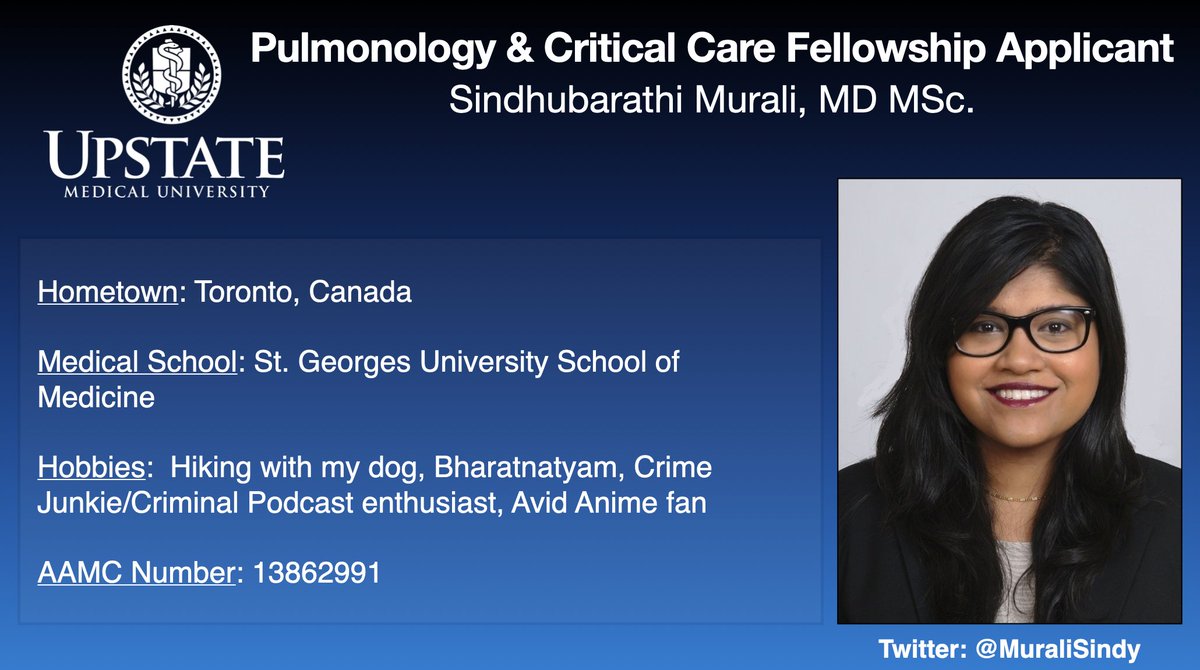 SUNY Upstate IM Residency (@upstateim_res) on Twitter photo At <a href="/SUNY/">SUNY - The State University of New York</a> Upstate Medical University, the Internal Medicine Program is proud of our fellowship applicants #ERAS #Match2024 Get to know those applying with our profile feature of residents #Medtwitter #MedX
#PulmCritTwitter #PulmCrit <a href="/MuraliSindy/">Sindy Murali</a> At <a href="/SUNY/">SUNY - The State University of New York</a> Upstate Medical University, the Internal Medicine Program is proud of our fellowship applicants #ERAS #Match2024 Get to know those applying with our profile feature of residents #Medtwitter #MedX
#PulmCritTwitter #PulmCrit <a href="/MuraliSindy/">Sindy Murali</a>