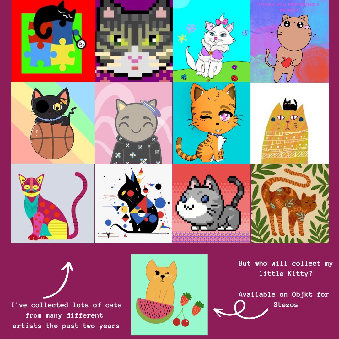 Did you notice I ❤️ cats?  I have a growing collection of cats which I love. BUT

Who will adopt my cat? 
Available on <a href="/objkt/">objkt</a> for just 3tz🐱 

Say meow if you spot your cat art below⬇️
 #nfts #nftcommunity #womeninnfts #nftcats