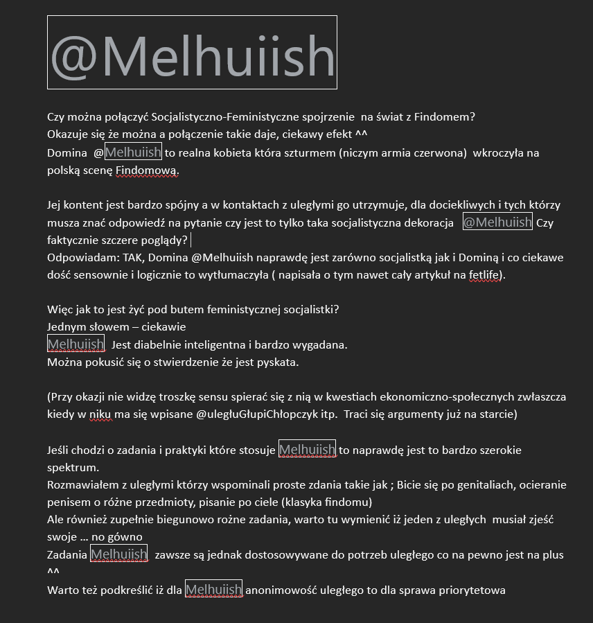 Recenzent_Domin's tweet photo. Recenzja #03 @Melhuiish 

@Melhuiish  To domina zapewne nietuzinkowa. Połączenie  socjalizmu i findomu.
Czy taka mieszanka w ogóle ma sens?
 
Recenzja powstała na bazie anonimowych rozmów z uległymi @Melhuiish  
Zapraszam do lektury ^^ https://t.co/SYZCcBzftc