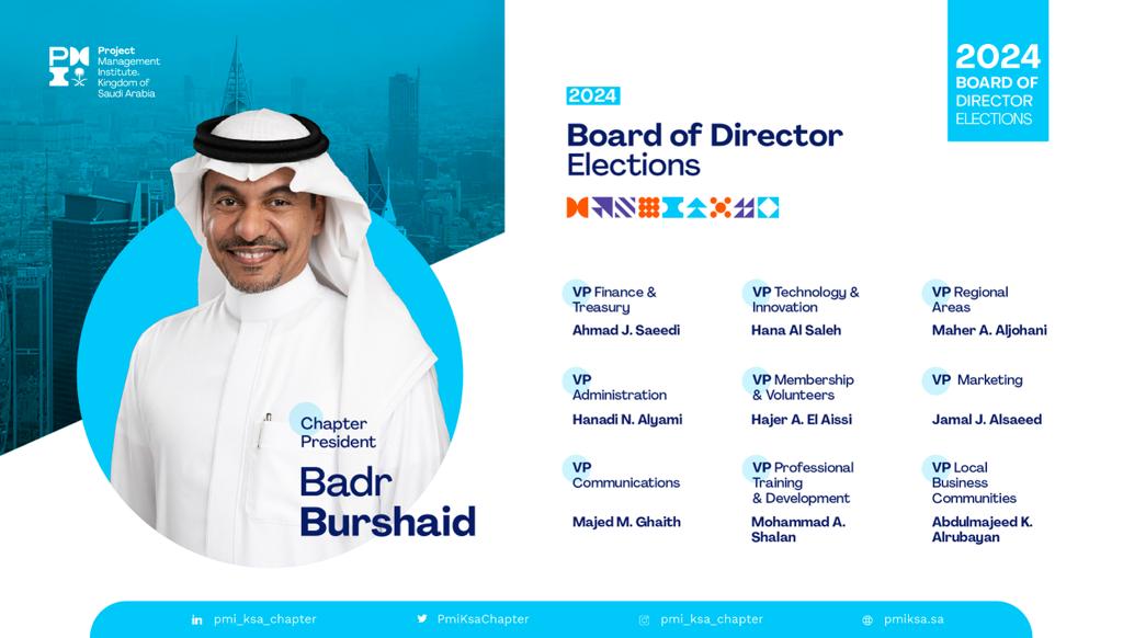 PmiksaChapter's tweet photo. Congratulations to the New Board of PMI KSA! 
Big thanks to all the members who participated in the elections. We also want to express our gratitude to the outgoing Board for their remarkable contributions in shaping PMI KSA into the thriving organization it is today. 
#pmiksa https://t.co/MLIjFihaWJ