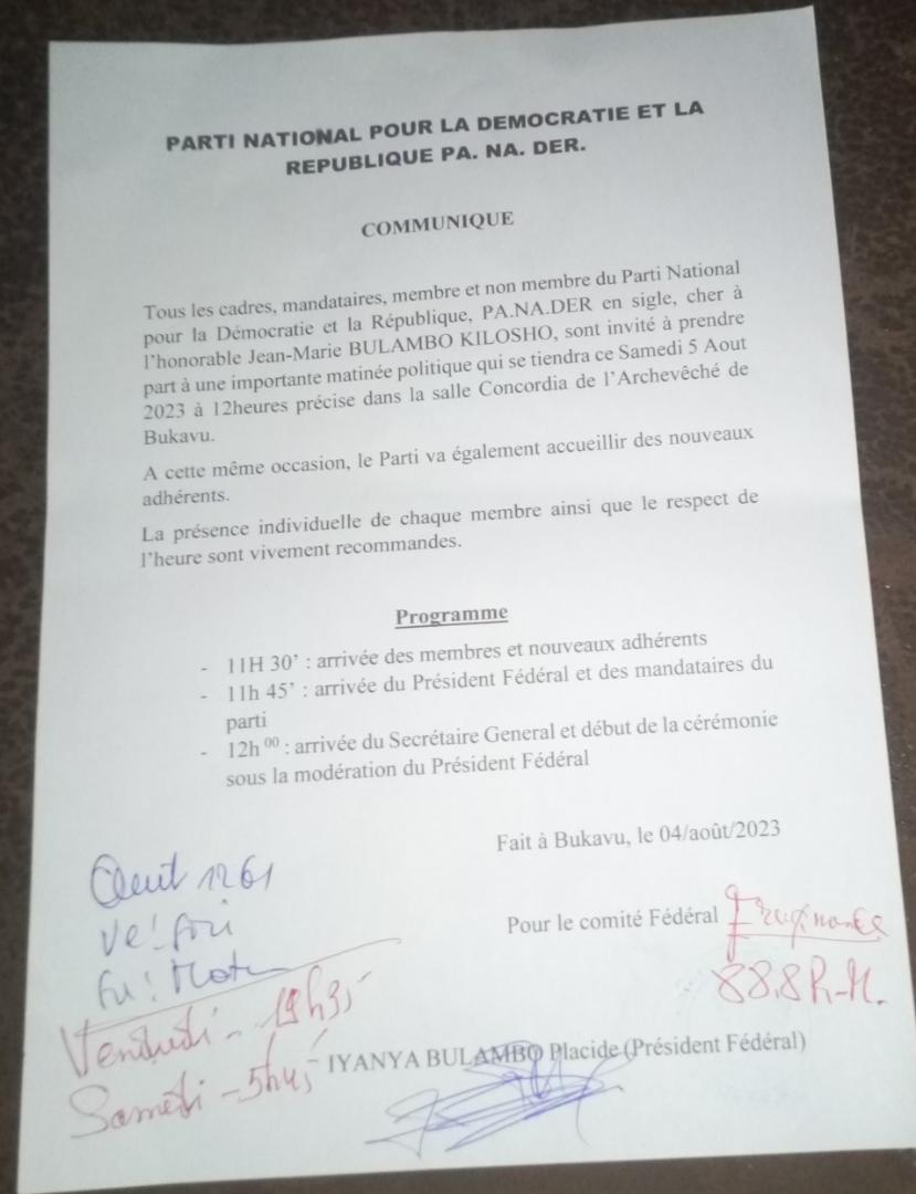 KyalondawaDan's tweet photo. Politique #RDC: tous les cadres, mandataires, membres et non membre du Parti National pour la Démocratie et la République, #PANADER en sigle, cher à l'honorable Jean-Marie BULAMBO KILOSHO, sont invité à prendre part à une importante matinée politique qui se tiendra ce Samedi 5 Août 2023 à 12heures precise dans la salle Concordia de l'archevêché  #BUKAVU.
Communiqué 👇