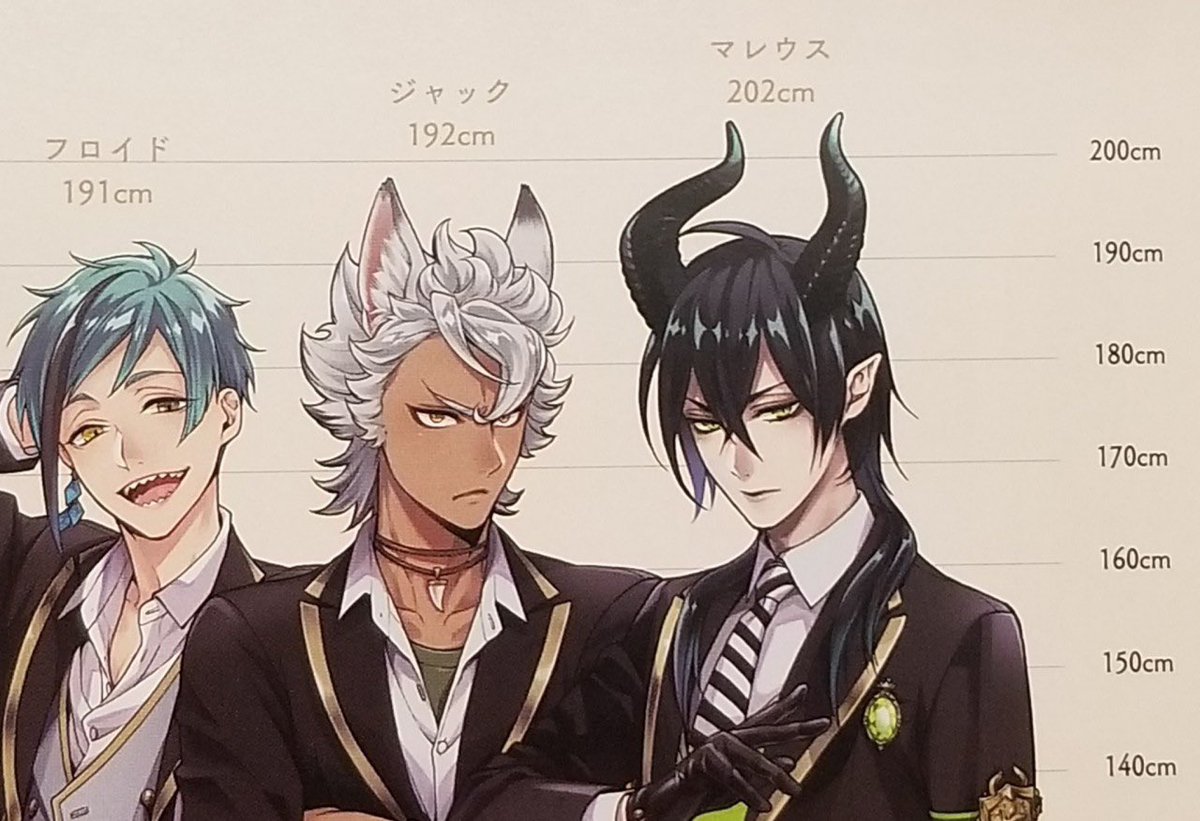 mewdove's tweet photo. @bpdslabyul Malleus is the wrong height. Lilia would be shorter. It seems people in the back might be standing on something though because in the Heartslabyul one- yeah Riddle is short... but not THAT short. You can see Malleus is like maybe one inch taller then Jack in the official height https://t.co/Tc4r7t0Nw6