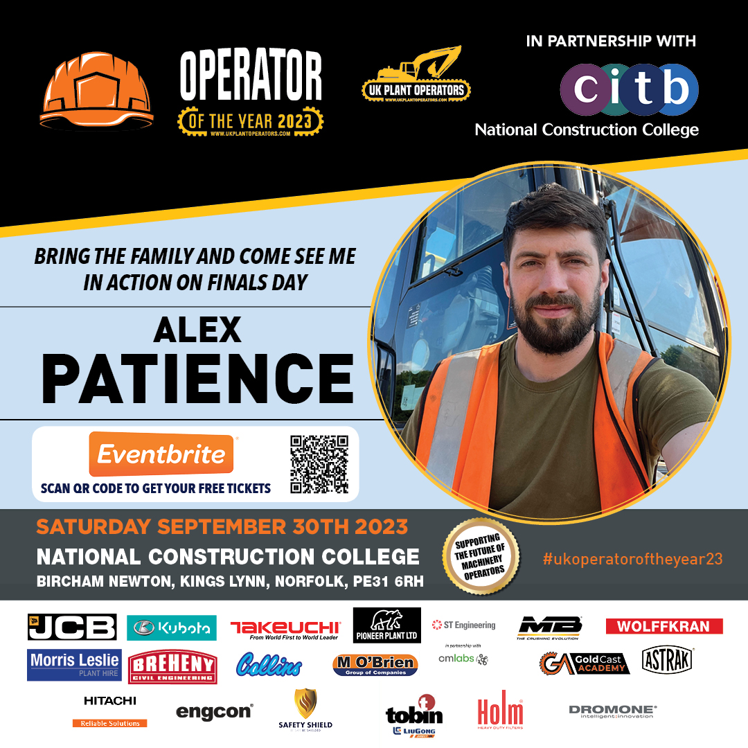 Come and watch Operator Alex Patience compete in this years UK Operator of the Year Competition at CITB on Saturday September 30th. Register now for FREE tickets for this family friendly event. eventbrite.ie/e/uk-operator-… #ukoperatooftheyear23 #construction #constructionmachinery