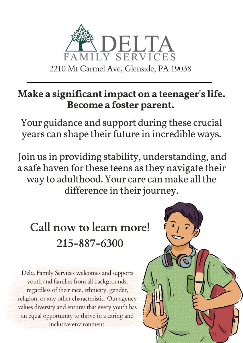 Embrace the rewarding journey of opening your heart &amp; home to a teen! Become a resource (foster) parent with Delta Family Services 💙
215-887-6300

#fostercare #childsafety #community #parenting  #fosteringphilly #montcopa #greaterphila #becomeafosterparent #DeltaFamilyPA