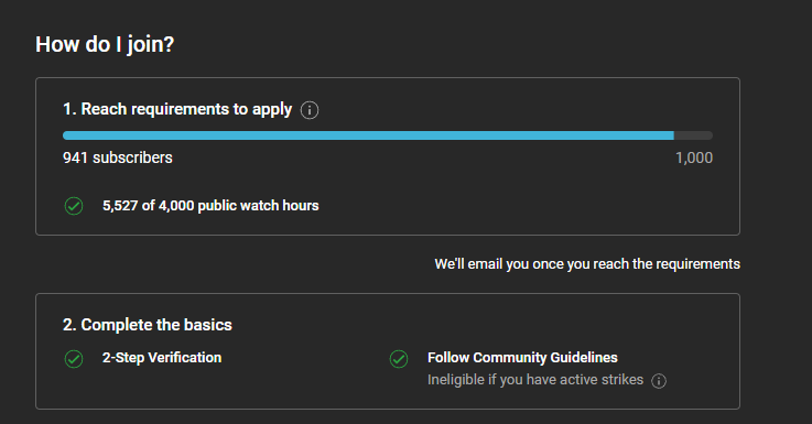 Wow, I never thought I'd get anywhere near the requirements for YouTube Partner.

The only thing left to tick off is 1000 subscribers, and I'm 59 away!

If you want to make a dream come true, give me a follow over at youtube.com/biggusbennus.✨

❤️❤️