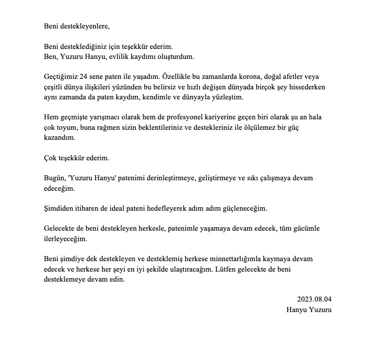 YuzuruHanyu_TR's tweet photo. "Beni her zaman destekleyen herkese"

Beni desteklediğiniz için teşekkür ederim.
Ben, Yuzuru Hanyu, evlilik kaydımı oluşturdum. https://t.co/mV2nizbXil
